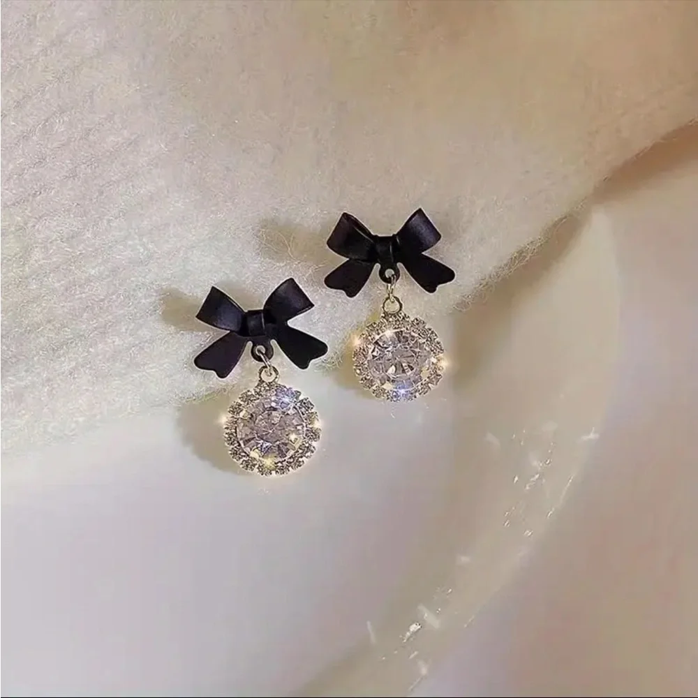 Black Bow Crystal Drop Earrings Sparkly Statement Studs NWT